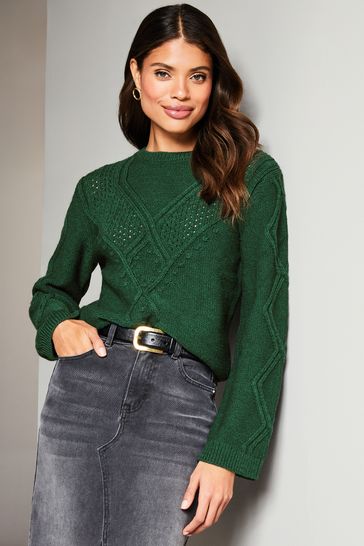 Lipsy Green Stitch Mix Wide Sleeve Knitted Jumper