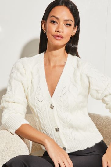 Lipsy Ivory White Cropped Cable Knit Button Through Cardigan