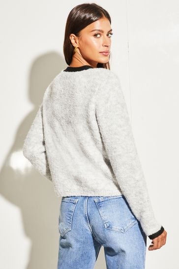 Lipsy Ivory White Crew Neck Button Through Boucle Cardigan