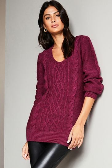 Lipsy Berry Red Longline Scoop Neck Cable Knitted Jumper