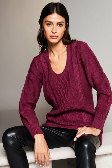 Buy Lipsy Berry Red Longline Scoop Neck Cable Knitted Jumper from Next Denmark