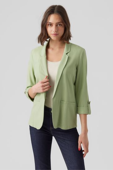 VERO MODA Pastel Green Ruched Sleeve Blazer Contains Linen