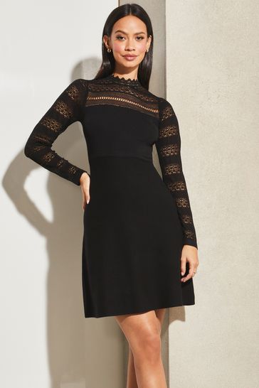 Lipsy Black Lace Fit and Flare Long Sleeve Knitted Dress