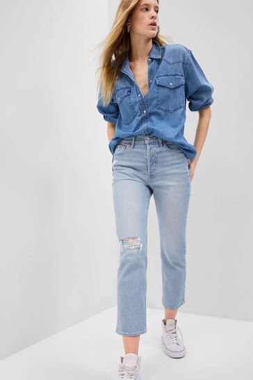 Gap High Waisted Ripped Straight Jeans with Washwell