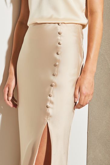 Lipsy Cream Button Detail Satin Midi Skirt