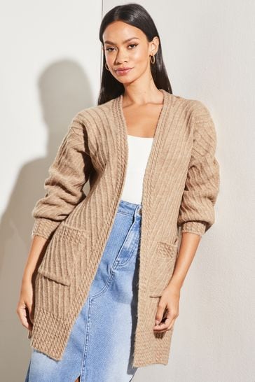 Lipsy Camel Petite Mixed Cable Knit Cardigan