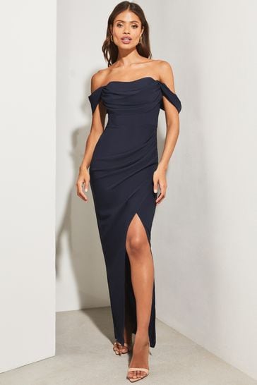 Lipsy Navy Bardot Split Drape Maxi Dress