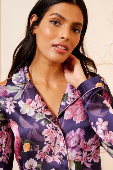 Love Roses Purple Floral Satin Button Through Pyjamas