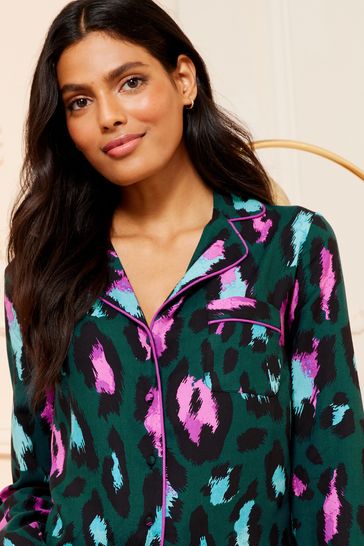 Love Roses Green Leopard Super Soft Button Through Pyjamas