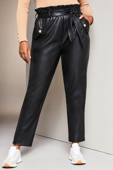 Lipsy Black Curve Faux Leather Military Button Paperbag Trousers