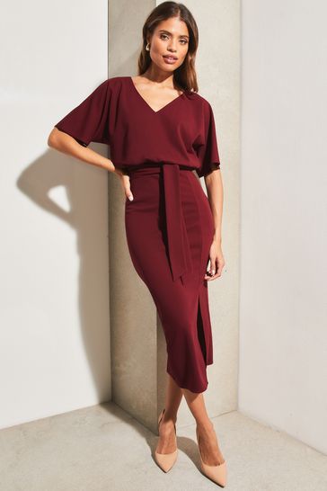 Lipsy Berry Red Petite V Neck Flutter Sleeve Belted Midi Dress