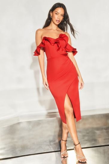 Lipsy Red Ruffle Bardot Split Wrap Midi Dress