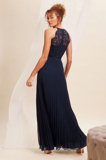 Love & Roses Navy Blue Pleated Lace Insert Bridesmaid Maxi Dress