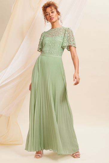 Love & Roses Sage Green Embroidered Flutter Sleeve Pleated Maxi Bridesmaid Dress