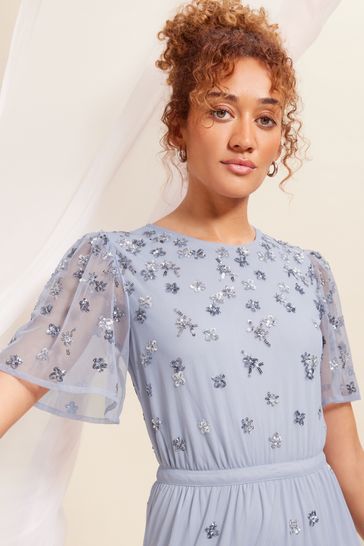 Buy Love Roses Blue Embellished Mesh Tiered Maxi Bridesmaid Dress from Next Canada