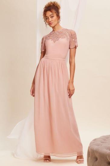 Love & Roses Pink Embellished Yoke Chiffon Maxi Bridesmaid Dress