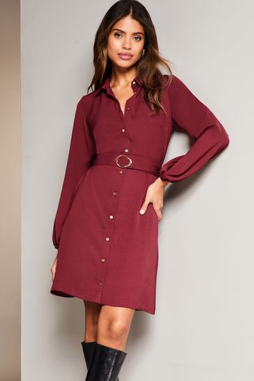 Lipsy Berry Red Woven Belted Button Through Mini Shirt Dress