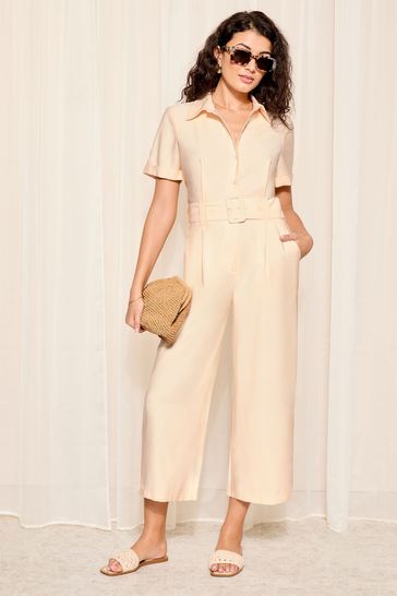 Friends Like These Cream Short Sleeve Belted Utility Tailored Jumpsuit