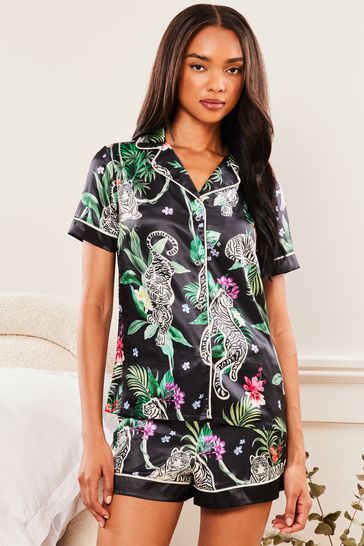 Lipsy Black Tigerlily Satin Short Sleeve Shorts Pyjamas