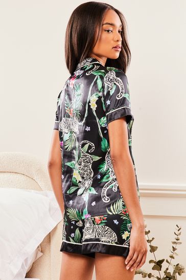 Lipsy Black Tigerlily Satin Short Sleeve Shorts Pyjamas