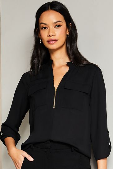 Lipsy Black Zip Front Utility Pocket Blouse