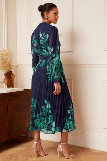 V A Love Roses Navy Blue and Green Floral Print Ruffle Neck Pleated Long Sleeve Midi Dress