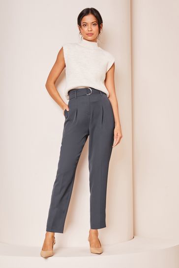 Lipsy Grey Petite Tapered Belted Smart Trousers