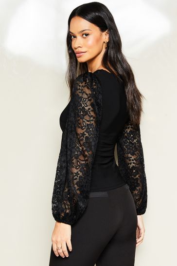 Lipsy Black V Neck Lace Sleeve Top