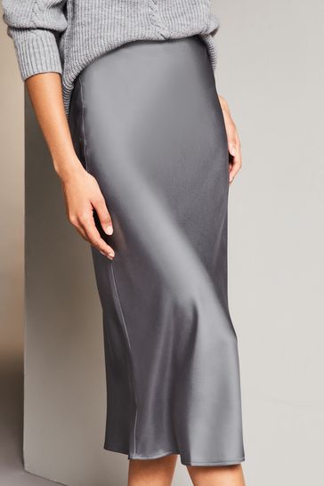 Lipsy Charcoal Grey Satin Bias Cut Midi Skirt