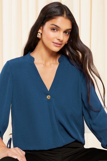 Friends Like These Navy Blue Grandad Collar V Neck 3/4 Length Sleeve Button Blouse