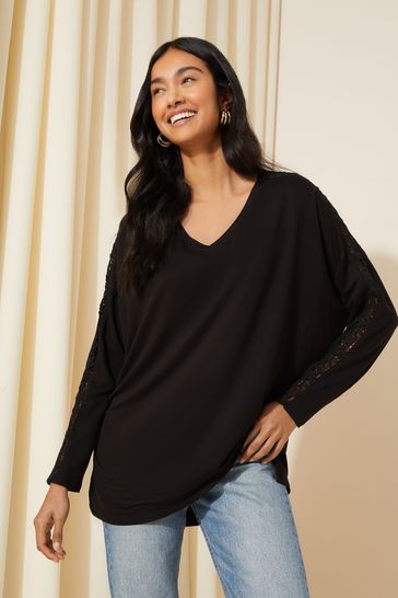 Friends Like These Black Crochet Soft Jersey V Neck Long Sleeve Tunic Top