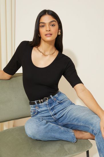 Friends Like These Black Short Sleeve Jersey Ribbed Scoop Neck Bodysuit