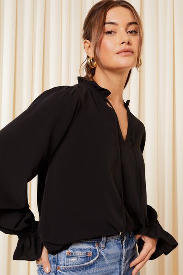 Friends Like These Black Long Sleeve Tie Neck Blouse