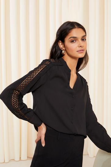 Friends Like These Black Crochet Trim Long Sleeve Grandad Collar Shirt