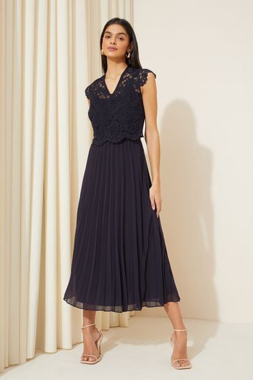 Friends Like These Navy Blue V Neck Pleated Lace Midi Dress