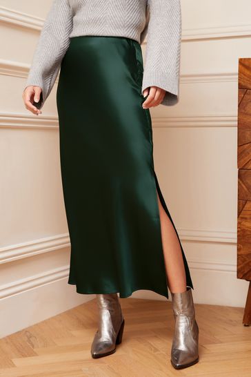 Love & Roses Green Satin Bias Cut Maxi Skirt