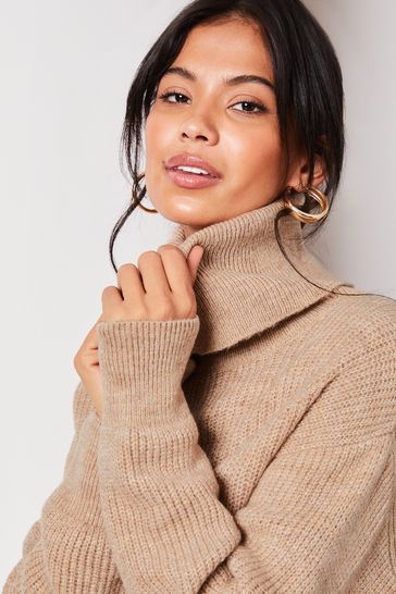 Buy Lipsy Neutral Long Sleeve Cowl Neck Knitted Jumper Dress from
