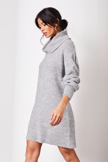 Lipsy Grey Long Sleeve Cowl Neck Knitted Jumper Dress