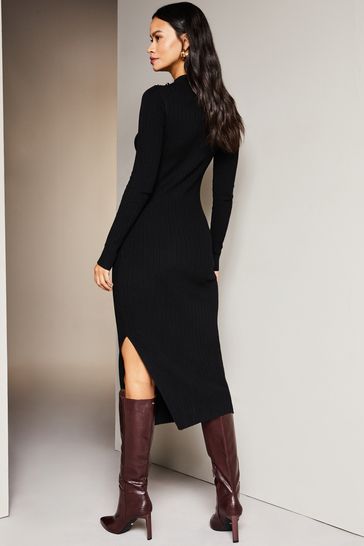 Lipsy Black Long Sleeve High Neck Ribbed Bodycon Dress