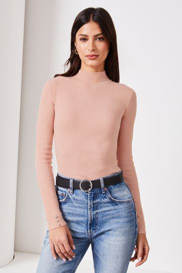 Lipsy Pale Pink High Neck Ribbed Knit Jumper