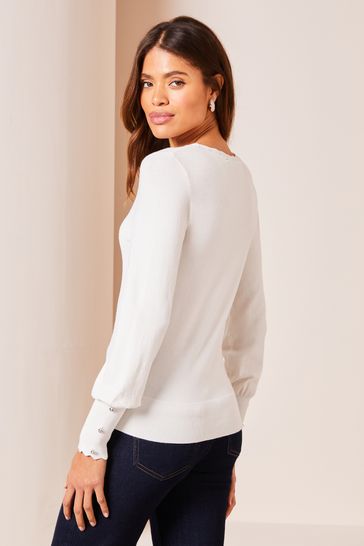 Buy Lipsy Ivory White Long Sleeve Scallop Detail Knitted Jumper