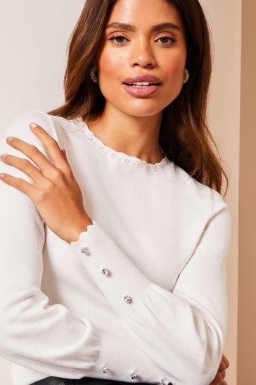 Buy Lipsy Ivory White Long Sleeve Scallop Detail Knitted Jumper