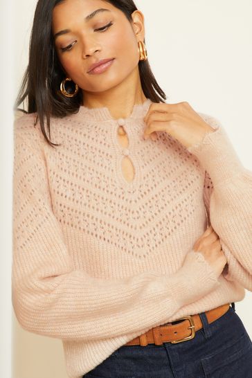 Love & Roses Ivory White Pointelle Keyhole Yoke Jumper