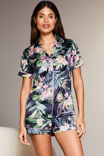 Lipsy Black Tropical Satin Short Sleeve Shorts Pyjamas