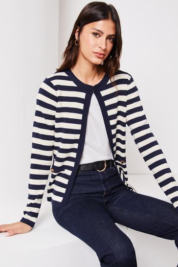 Lipsy Navy Blue Stripe Long Sleeve Crew Neck Cardigan