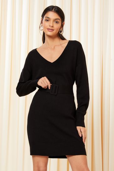 Friends Like These Black V Neck Belted knitted Dress
