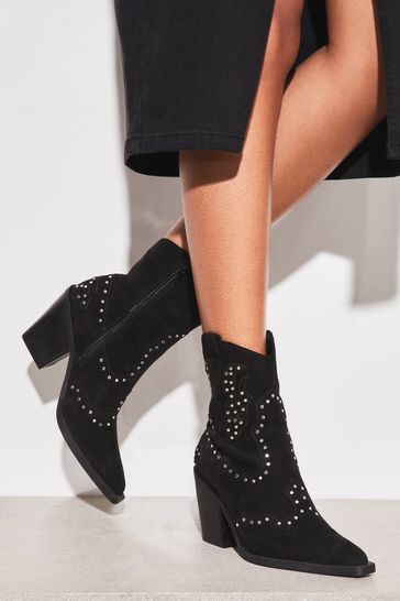 Lipsy Black Mid Heeled Zip Up Studded Western Ankle Boot