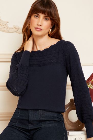 Love & Roses Navy Blue Pointelle Knit Scallop Neck Jumper