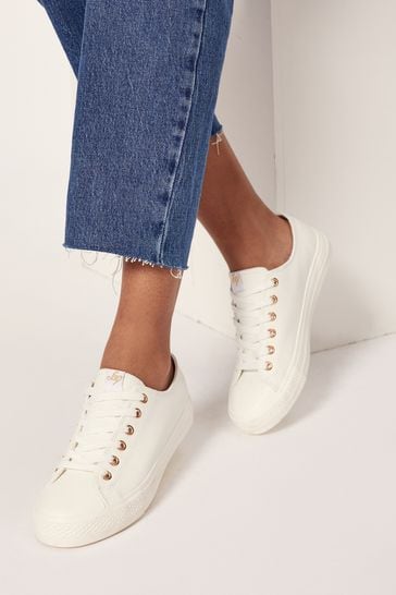Lipsy White Low top Faux Leather Lace Up Trainer