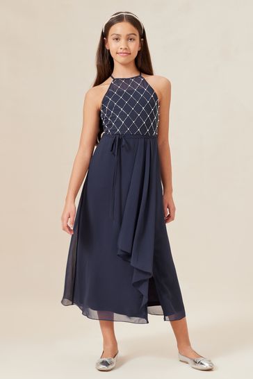 Lipsy Navy Blue Strap Maxi Pearl Occasion Dress (7-16yrs)